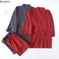 2026 Men's Japanese Kimono Robes Sets Cotton Linen Pajamas Two-piece Set Couple Loose Bathrobes Sweat Steaming Home Service Suit