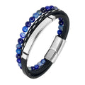 MingAo Charm Men Jewelry Natural Stone Multi-Layer Leather bracelet Black Stainless Steel Magnetic Clasp Tiger eye Bead Bracelet