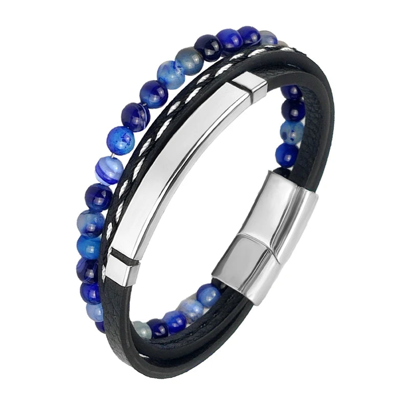 MingAo Charm Men Jewelry Natural Stone Multi-Layer Leather bracelet Black Stainless Steel Magnetic Clasp Tiger eye Bead Bracelet