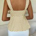 Women's New Marigold Yellow & Brown Polka Dot Cami Top, Ruffle Bow Tie Tank Top with Wide Straps, Suitable for Dating, Vacation,