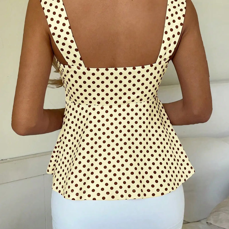 Women's New Marigold Yellow & Brown Polka Dot Cami Top, Ruffle Bow Tie Tank Top with Wide Straps, Suitable for Dating, Vacation,