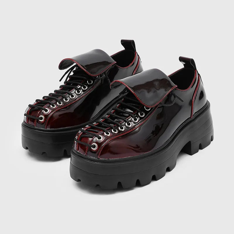 Thick Soled Derby Shoes British Style Men's Lace Up Round Toe Casual Leather Shoes Trendy Handmade Height Increasing Men's Shoes