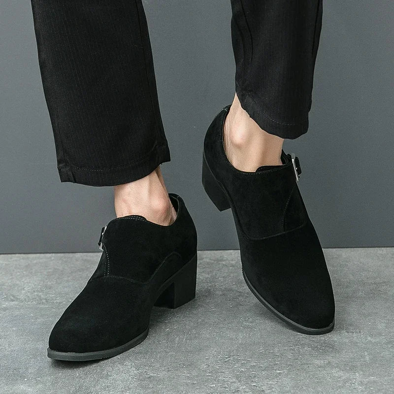 Man Height Increasing Pointed Toe Business Dress High Heel Shoes Buckle Decorated Men Casual Shoes