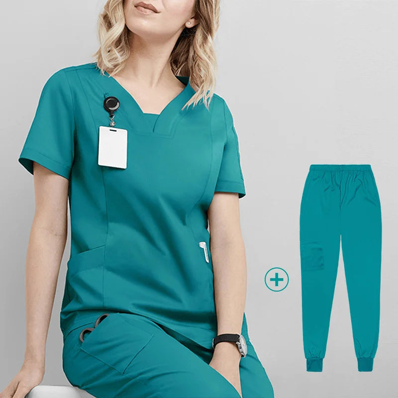 Woman Medical Scrubs Set, V-Neck Short Sleeve Nursing Uniforms With Multi-Pockets, Professional Workwear For Dental Clinic, Sp