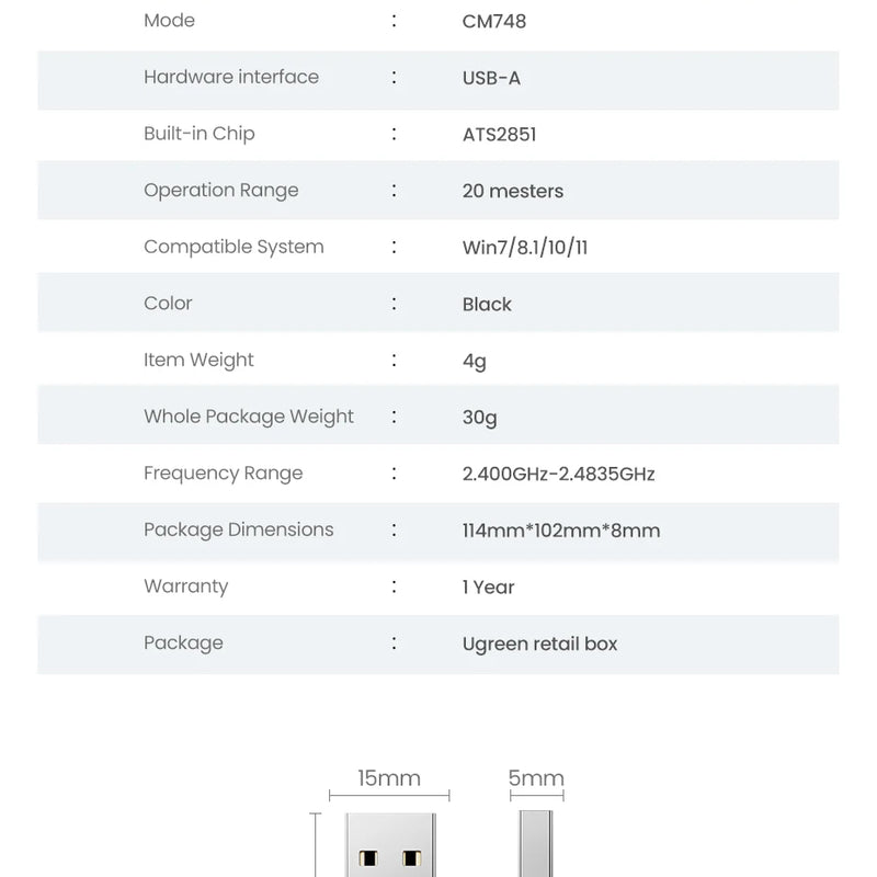 USB Bluetooth Adapter, Bluetooth 6.0 Dongle for PC Windows 11/10/8.1, Bluetooth Receiver & Transmitter for Keyboard/Mouse