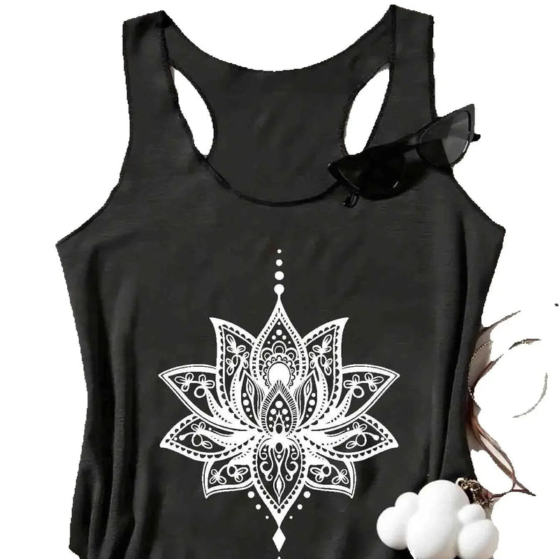 Women's sleeveless shirt, featuring a lotus pattern design and diagonal stripes on the back, is a casual style for summer