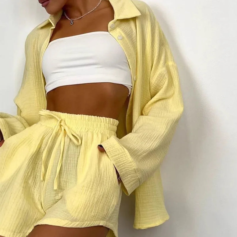2025 Spring Women's Long Sleeve Solid Color Shirt and Shorts Casual Suit, Suitable for Commuting and Leisure Streetwear