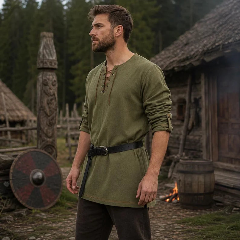 Men Medieval Lace Up Linen Long Sleeve Tunic Viking | SAMAG
