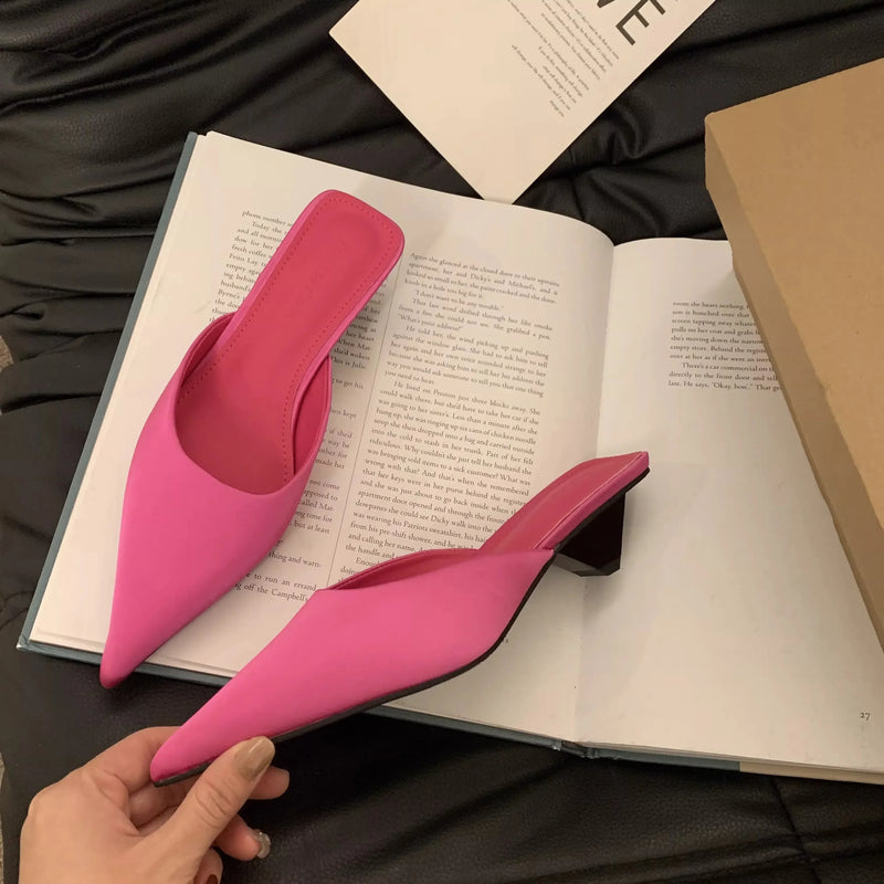 2024 Spring Pointed Toe Women Mules Slipper Fashion Candy Color Ladies Elegant Dress Sandal Square Low Heel Slip on Slides Shoes