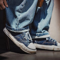 Maden Men's American Retro Running Street Sneakers Washed Denim Canvas Low-Tops with Thick Cushion Sole for Summer Street Style