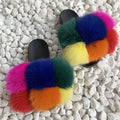 Fur Slides Factory Supply Mixed Color Pom Pom Six Balls Fox Fur Multi-Color Fluffy Fur Slippers For Women