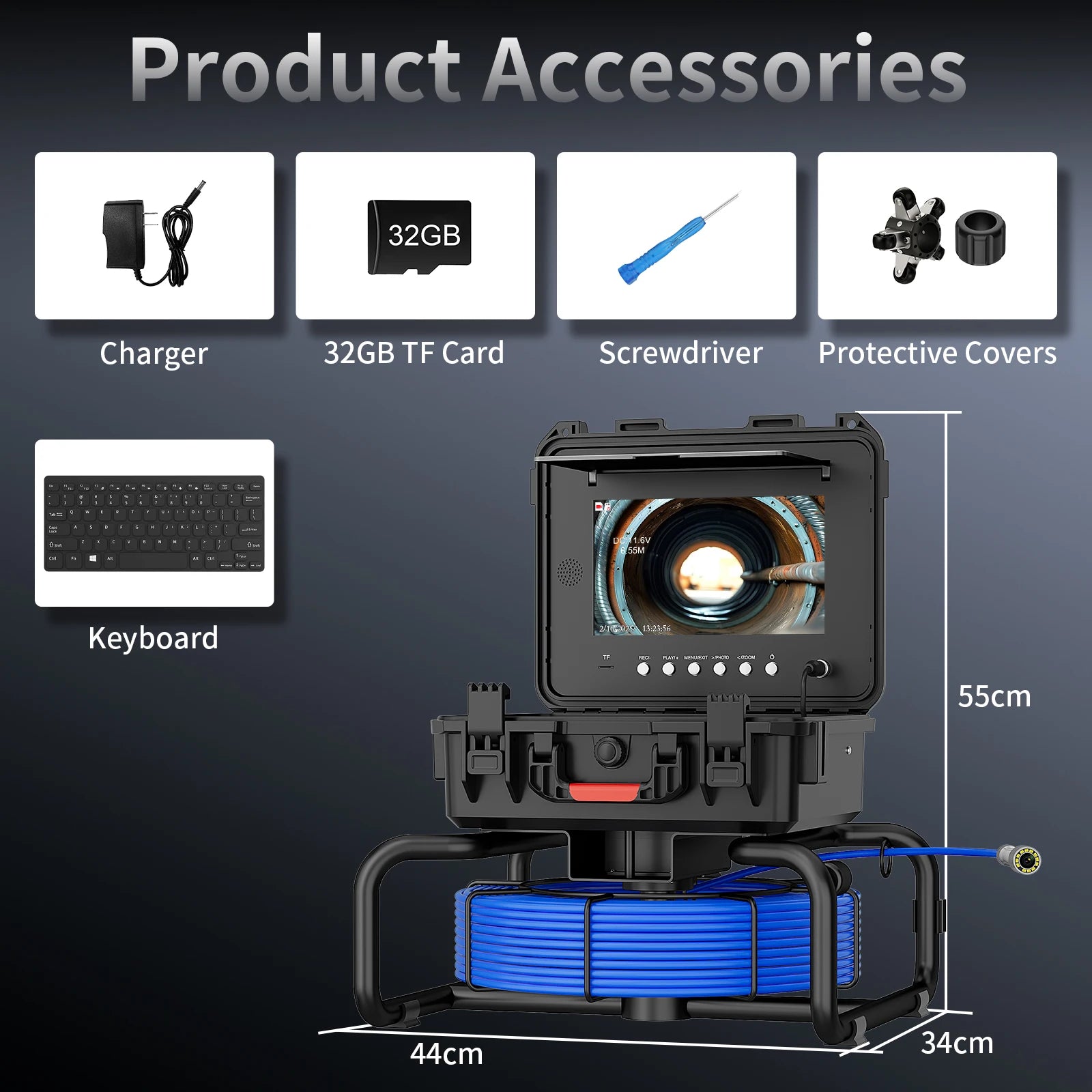 Self-Leveling Sewer Camera - 512Hz Locator, 10 inch IPS IP68 Pipeline Endoscope with DVR & Meter Counter, 7mm Cable for Plumber