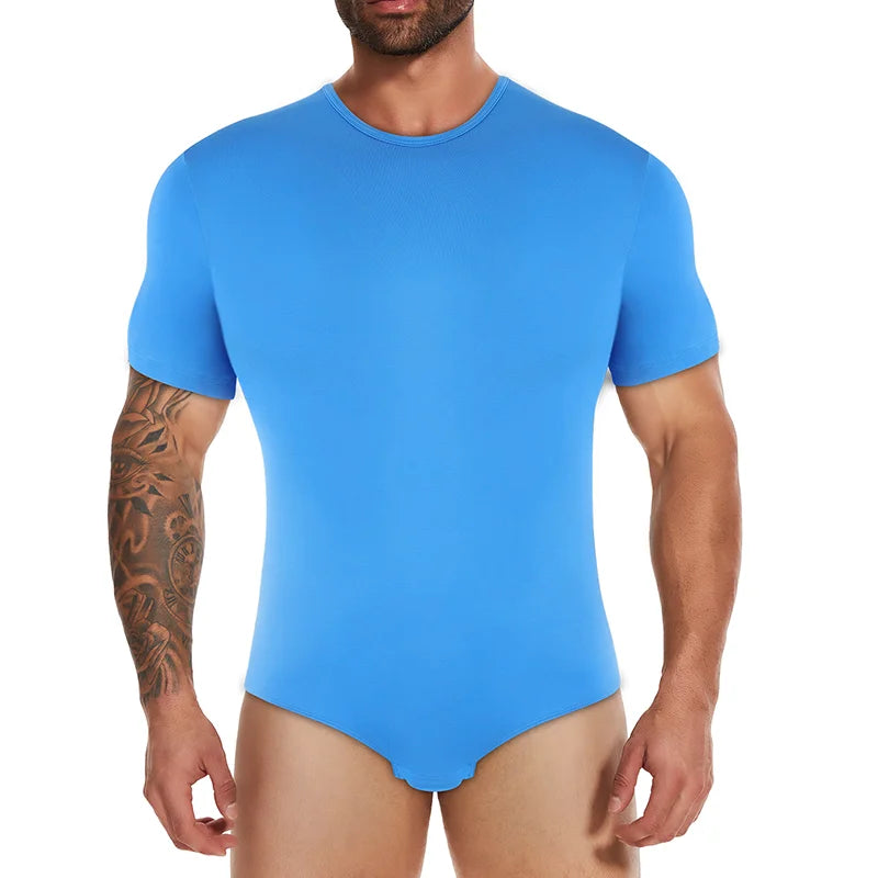 Mens Round Neck Shapewear Short Sleeve Bodysuit Press Button Crotch Underwear Tummy Control Jumpsuit High Stretch Fitness