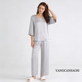 20MM 100% Natural Mulberry Silk Satin Pajama Set Solid Color V-neck Three-quarter Sleeve Tops Pants Women's Home Suit Set