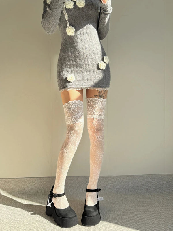 Y2K Women's Sexy Lace Floral Over The Knee Stockings Long Leg Boot Socks Breathable JK Lolita Costumes Socks Fishnet Stockings