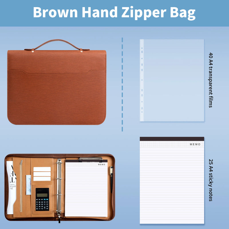 New A4 Portfolio 4 Ring Binder with Zipper, PU Leather Padfolio Document Organizer with Storage, Professional Business Briefcase