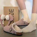 Women's Suede Fleece Lined Clogs with Buckle Warm Winter Mules Slippers Cork Sole Cow Suede Flat with Potato Shoes Beach