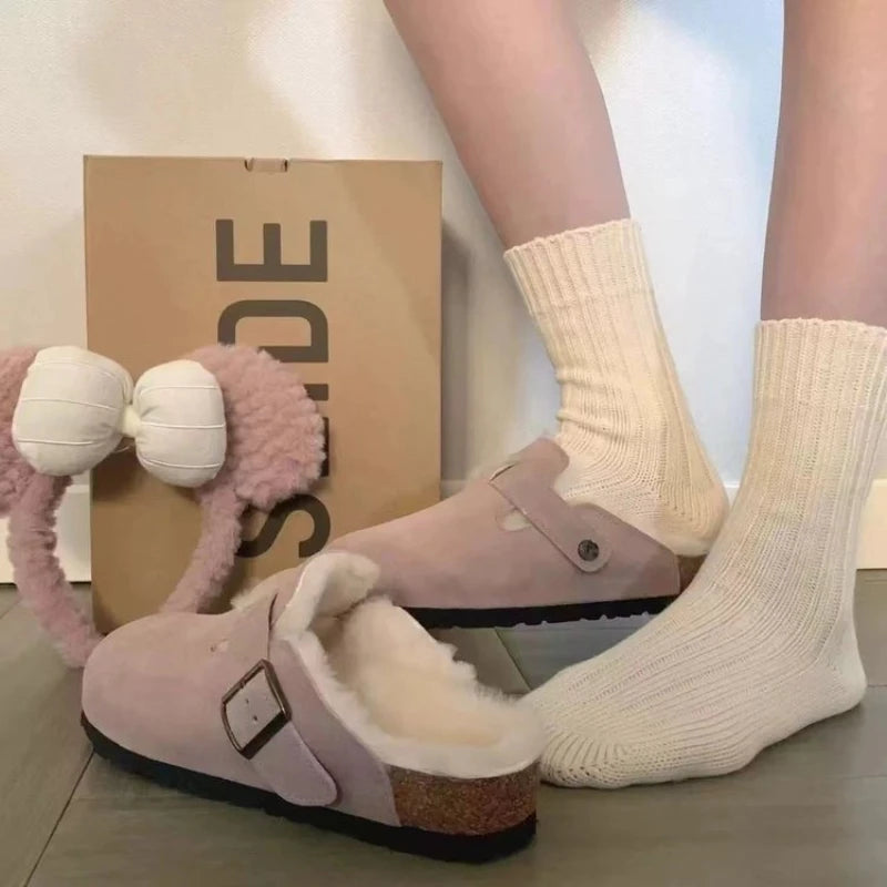 Women's Suede Fleece Lined Clogs with Buckle Warm Winter Mules Slippers Cork Sole Cow Suede Flat with Potato Shoes Beach