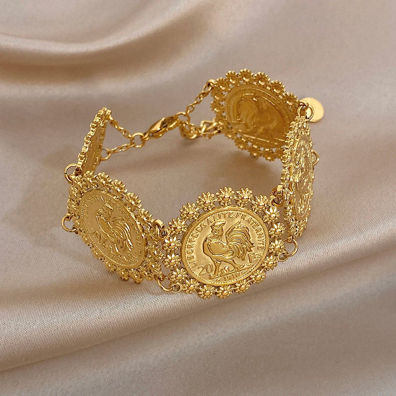 Vintage Gold Plated Stainless Steel Coins Wrist Bracelet for Women Men Classic Ethnic Cuff Bracelets Waterproof Jewelry