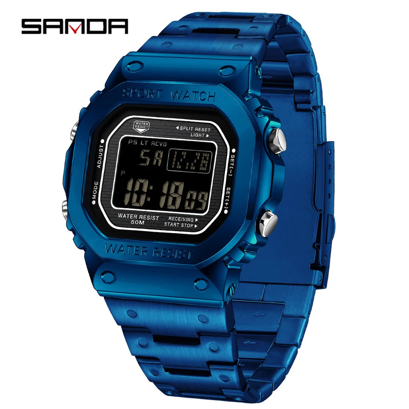 SANDA 2162 Men's Electronic Watch Square Waterproof Multi Functional Wrist Watch Square Fashion Night Light Steel Digit Watches