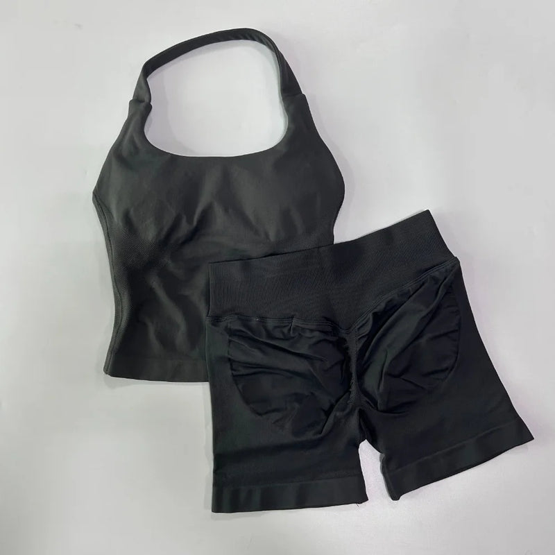 1-2pcs Gym Set Women Backless Tank Tops High Waist Scrunch Seamless Shorts High Waist Yoga Leggings Workout Sets Gym Suit