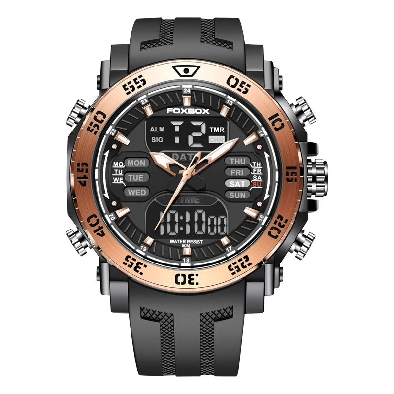 FOXBOX Fashion Outdoor Electronics Watches Male Luxury Casual Waterproof Luminous Alarm Auto Date Dual Digital Display Man Watch