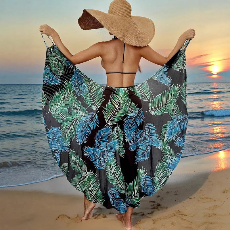 Summer Beach Cover-Ups Sexy Women Leaves Print Wrap Dress Sun Protection Bikini Cover Up Sarongs Female Bathing Suit Swimwears
