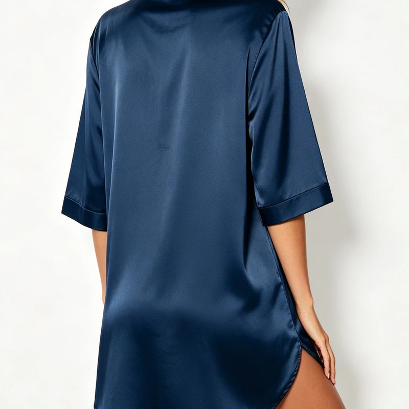 Elegant Satin Nightshirt Solid Lapel Button-Up Shirt | SAMAG