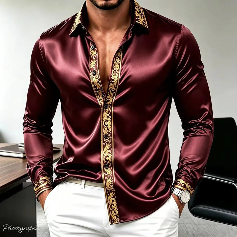 Men's Luxury Satin Silk Shirt Long Sleeve Gold Baroque | SAMAG
