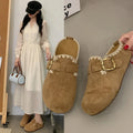 Women Suede Mules Clogs Lace Trim Buckle Strap Round Toe Slip On Shoes Vintage Brown Khaki Mid Heel Casual Outdoor Footwear