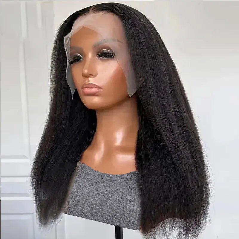 Black Yaki Lace Front Wig 30inch 180density Soft Kinky Straight Wig For Women Baby Hair Synthetic Wigs Heat Temperature Glueless