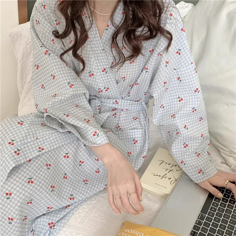 Small Fresh Sweet Plaid Cherry Robe Nightgown Female | SAMAG