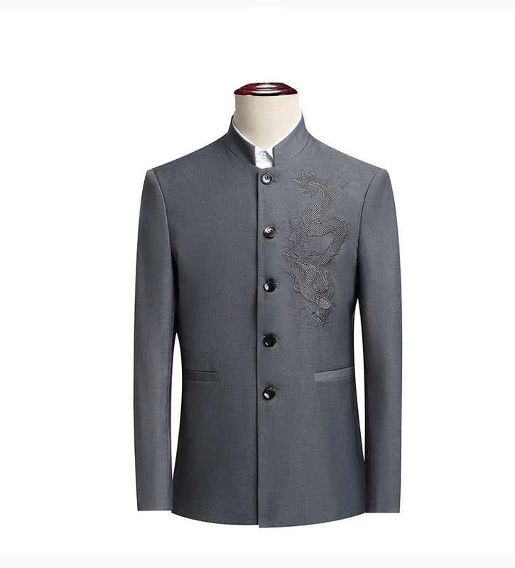 2026 New Men's Stand Collar Long Sleeve Suit Jacket, Asian Size Chinese-Style Slim-Fit Blazer in Dark Blue/Red/Grey/Black/White