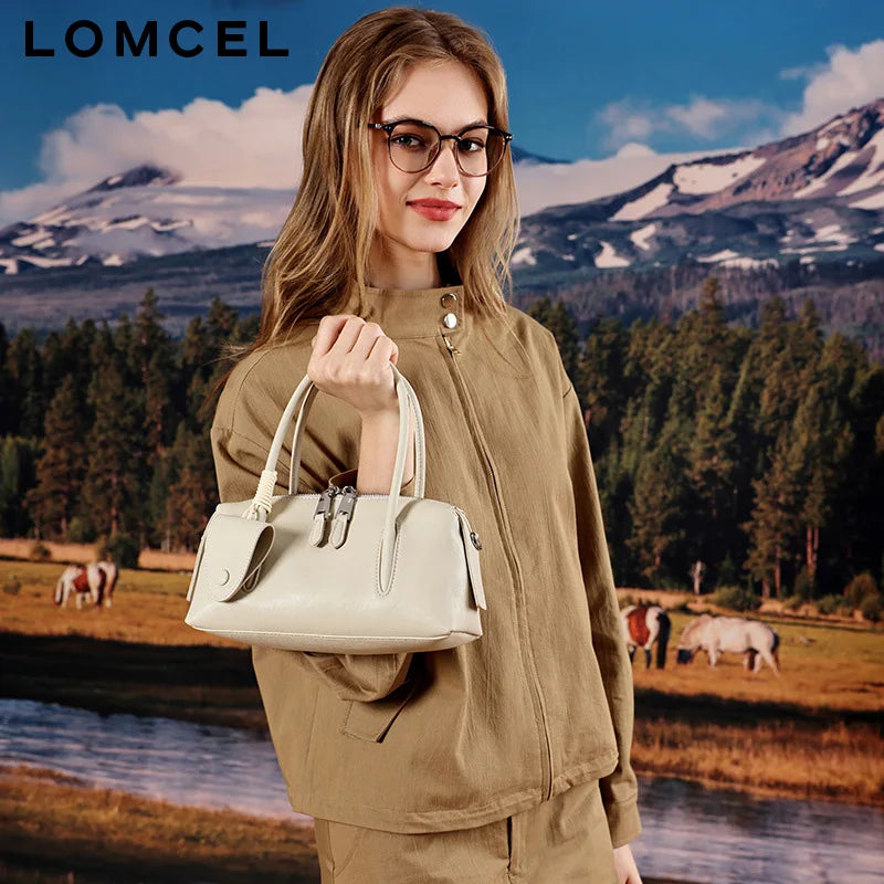 LOMCEL 632 Leather shoulder crossbody bag for daily use 2026 new model Boston pillow bag, top layer of cowhide bowling bag