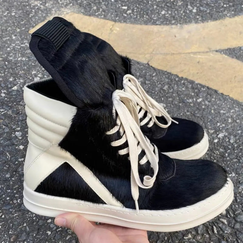 Ro Luxury Men Ankle Boot Black Horsehair Boots Women Sneaker Horse Hair High Top Shoe  Casual Shoes Zipper Sneakers