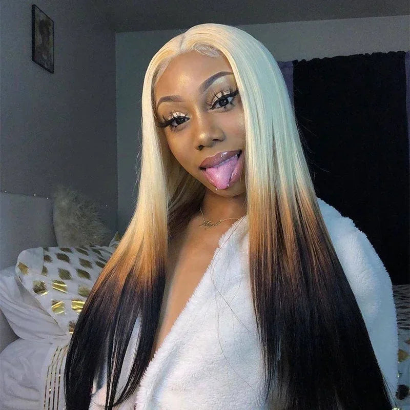 Red Black With Blonde Highlight 13X6 Lace Front Wig Body Wave Synthetic Glueless pre plucked With Baby Hair Lace Frontal Hair