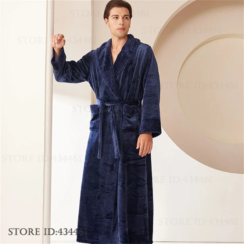Large Size Flannel Men's Long Robe Kimono Gown Winter Thicken Sleepwear Loungewear Loose Coral Fleece Couple Pajama Home Clothes