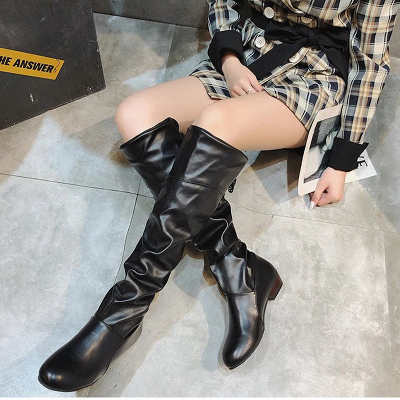 Shoes For Women  Knee High Boots Red Black White Tall Boots Woman Pleated Low Heel Casual Leather Female Long Shoes 2024