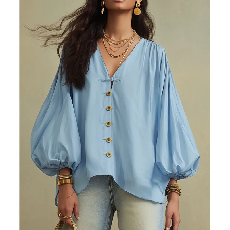 Autumn New Solid Color Fashion Single-breasted Loose Women Shirt Casual Retro Lantern Long-sleeved Versatile Female Vacation Top