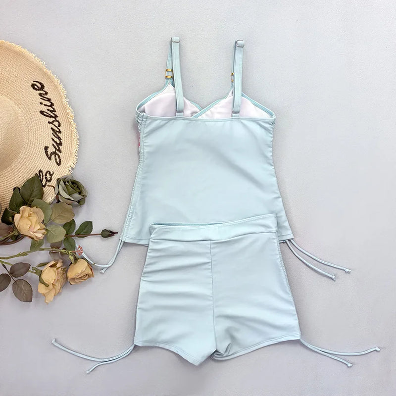 Light Blue Flower Print Swimwear Women's Bikinis Shorts | SAMAG