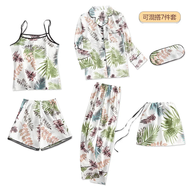 Spring Autumn 7 Pieces Set Silk Elegant Women Pajamas Print Shorts Long Sleeve Top Elastic Waist Pants Lounge Sleepwear