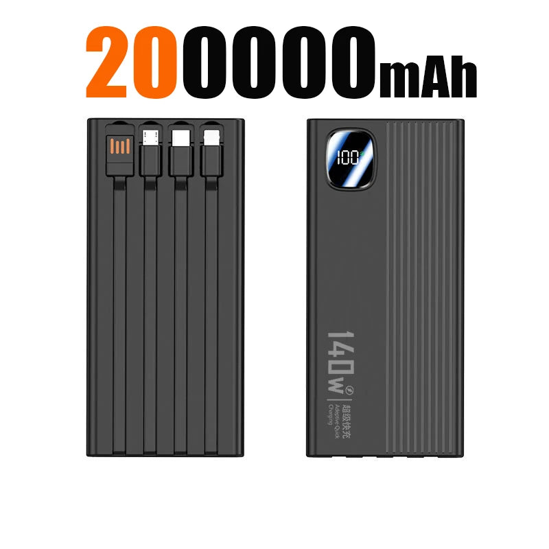 140W 200000mAh Power Bank Large Capacity 4 In1 Cables Intelligent Digital Display Light Portable Powerbank For iPhone Huawei New