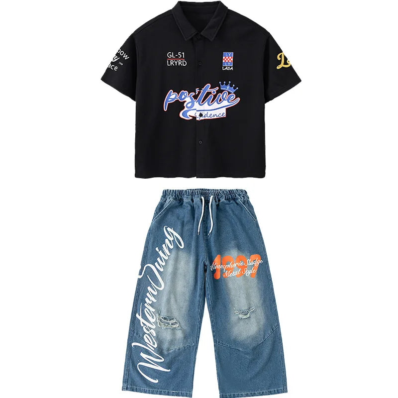Kid Hip Hop Clothing Black Baseball Shirt Top Denim Blue - View 6 | SAMAG