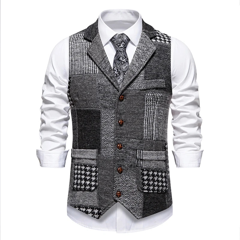 Green Men Vest Tweed Plaid Waistcoat Slim Fit Lapel Plaid Suit Vest Herringbone vintage Vest For Wedding Groomsmen vest heren