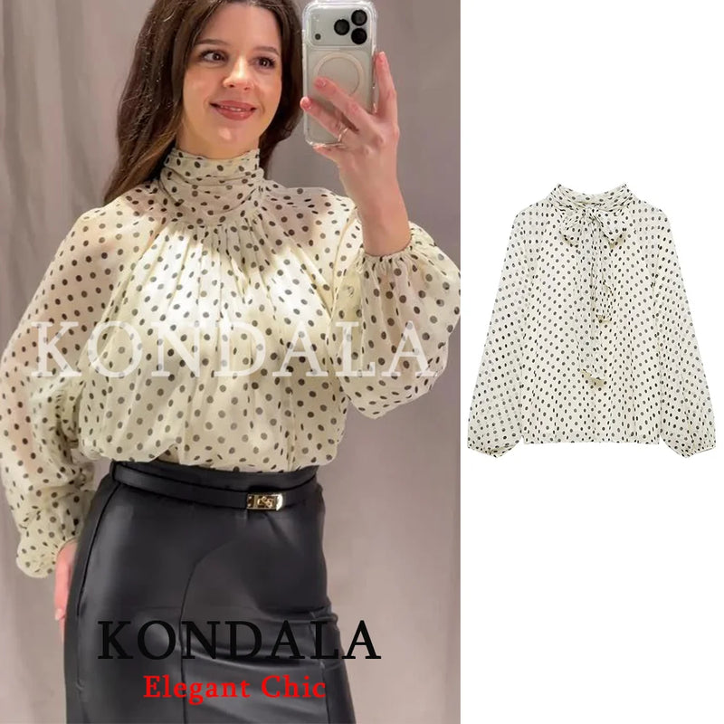 KONDALA Women Trendy Polka Dot Blouse Bow Tie O - Neck - View 7 | SAMAG