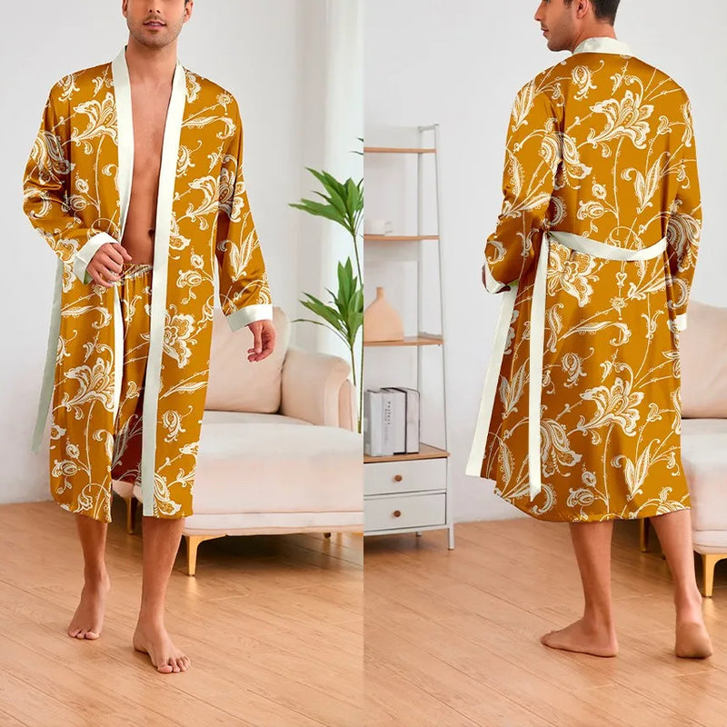 Men's Ice Silk Sleepwear Two-piece Set Kimono Bathrobe Gown Long Robe Pajamas Set Print Tiger Loose Casual Homewear Lounge Wear