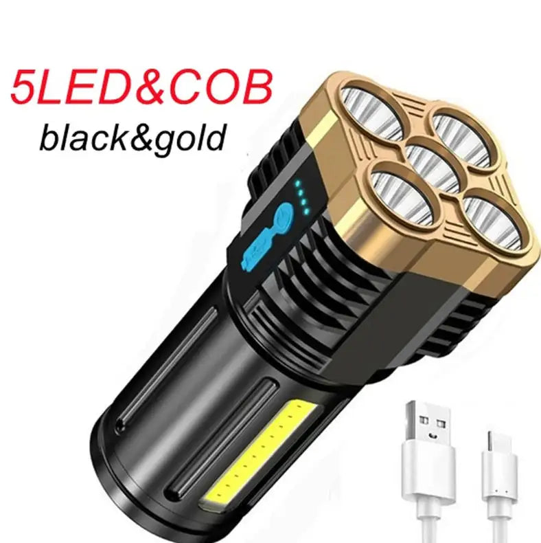 5LED High Power Led Flashlights Rechargeable Camping Spotlight with Side Light 3 Lighting Modes for Camping Adventure Outdoor