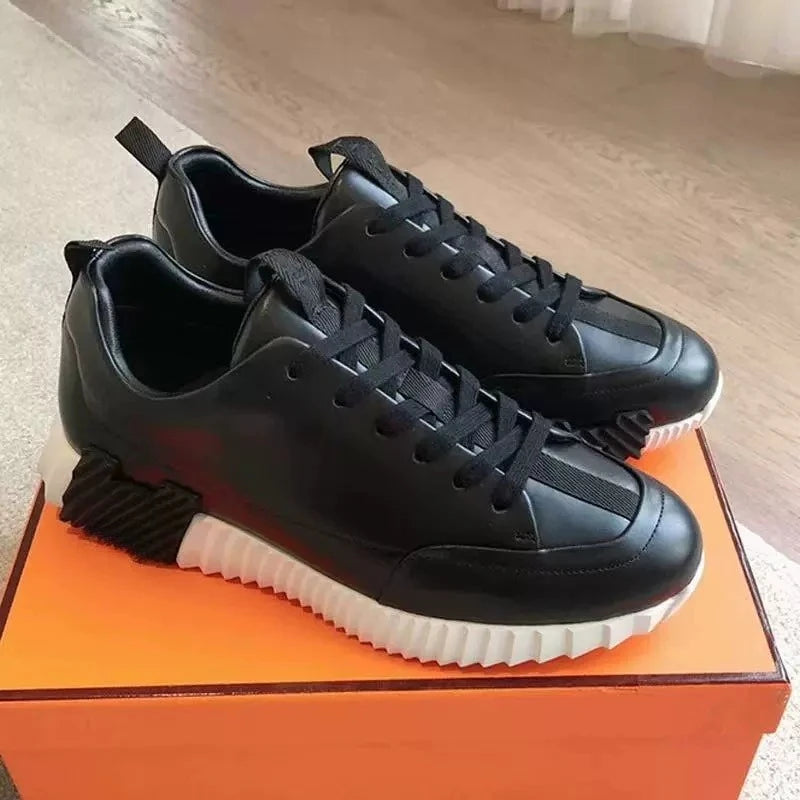 Men's Casual Leather Running Shoes Breathable Low-Top Sneakers Black Comfortable Anti-Odor Rubber Sole All-Season Wear