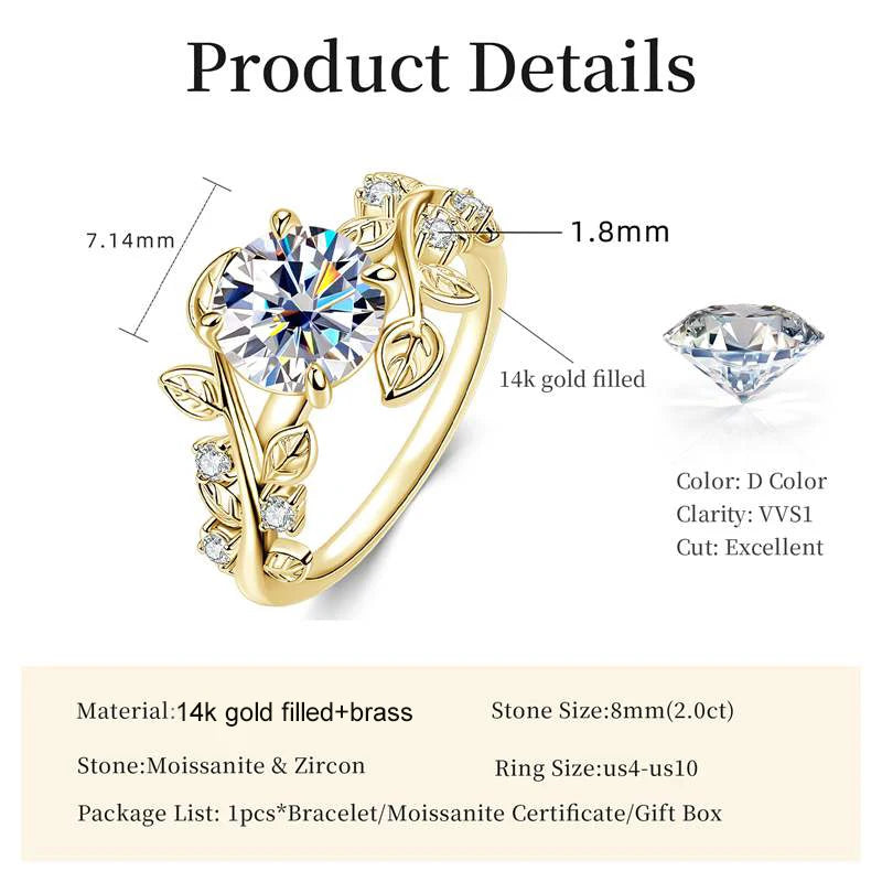 Lnngy Round Cut 8mm Moissanite Engagement Ring for Women 14K Gold Filled Leaf Design Twist Shank Rings Exquisite Jewelry Gift