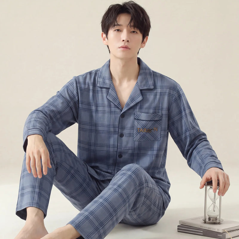 Korean Fashion Men's Cardigan Homewear for Autumn Spring Male Long Sleeves Long Pant 2Pcs/set Loungewear Hombre Pijamas 2026